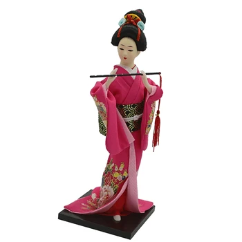 12 inča drevna japanska kipić Gospe gejše lutka u ružičasto-crvenoj boji kimona w / ventilator