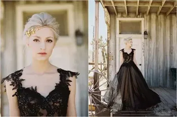 2019 stare crne vjenčanice tila čipka aplicirano slatka-line gotička perle naslon duge vjenčanice vjenčanice