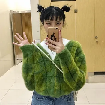 2020 novi Harajuku fluffy zelene kockice kardigan s prednje пуговицей ženski skraćene kardigan džemper ženska moda kratki kaput