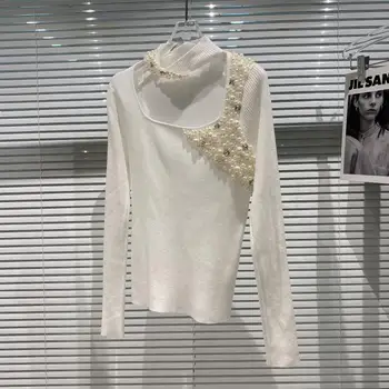 2020 zimske veste za žene biseri, perle nisko montažni rez šuplje ovratnik elegantna dama вязаная košulja žene Harajuku tanak džemper Femme