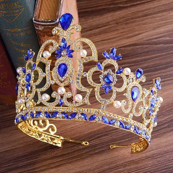 Berba Kralj Kraljica vijenac baroka zlato metal tiaras crveni kristal Biser Crown mladenka vjenčanje pribor za kosu žene ukras za kosu
