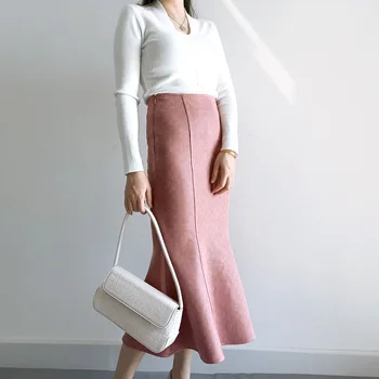 Besplatna dostava 2020 Nova moda duga suknja do sredine telad za žene S-2XL Sirena stil protežu dame roza suknja visokim Strukom divokoza