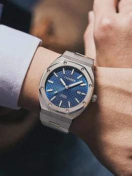 CADISEN Design Brand Luxury muške satove, mehaničke i automatske plave sat muškarci 100 m vodootporan svakodnevni posao sjajni ručni sat