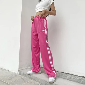 Djevojka sredine struka duge hlače prugasta uličnu odjeću s džepovima hip-hop stilu 90-ih moda бандажные džepovima besplatne hlače