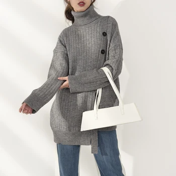 [EAM] siva nepravilan pletene džemper slobodnog rezanja водолазка dugi rukav ženski puloveri nova moda jesen zima 2021 1DB59702