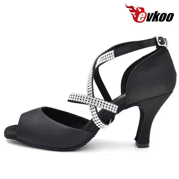 Evkoodance udobne plesne cipele besplatna dostava Crystal remen crni saten latino plesne cipele za Dame 8 cm visoka peta Evkoo-071