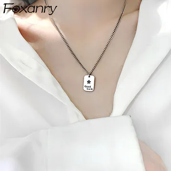Foxanry 925 sterling srebra modni Ogrlica za žene stare jednostavne pravokutne slova privjesak rođendan nakit pokloni
