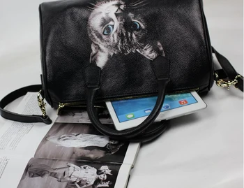 GINIANI prirodna koža krave žene crna osnovna Boston torbe ženski cool mačka slikarstvo torbe na remenu