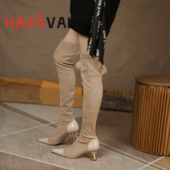 HARAVAL Ženske čizme iznad koljena elegantne cipele na nisku petu Zimu baršun obloge tople istakao trendy čizme bez čipke E220L