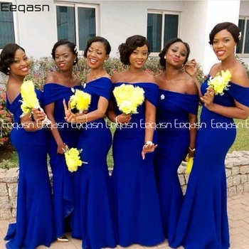 Jeftini afričke djeveruša haljina 2020 kraljevski plava elastični Atlas s ramena Sirena duge žene vjenčanica