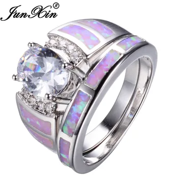 JUNXIN moda pink Vatreni opal prsten setovi za parove bijelo zlato punjeni vjenčanje Ovalni Cirkon žene muškarci prsten Valentinovo