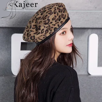 Kajeer Leopard Beret ženske jesensko-zimske kape za žene Vintage Slikar Flat Cap Boina Feminina Fashion PU Leather Brim Beanie