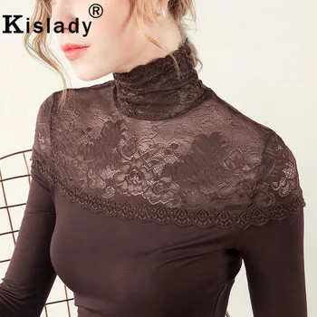 Kislady 2020 jesen ženska visokokvalitetna crna košulja plus Dimenzije cvjetni čipke patchwork fleksibilne vrhovima elegantan водолазка tanke majice