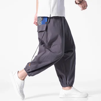 Ljeto pamuk trkači harem hlače muški hip-hop prozračni japanski vrt ravne hlače, muška moda fitness svakodnevne hlače