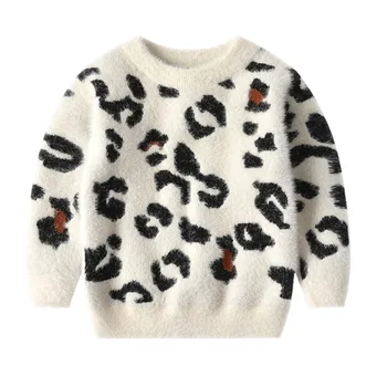 LZH djevojke džemper 2021 jesen zima Novi dugi rukav okrugli izrez pulover vrhovima moda Leopard vez džemper djevojka odijevanje