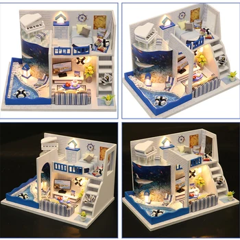 Minijaturni Roombox DIY lutkine namještena drvena kuća zvuk mora mini kuća igračke za djecu, poklone za rođendan