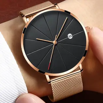 Moda poslovne luksuzni muški sat ultra-tanki mens mrežasti pojas od nehrđajućeg čelika kvarcni satovi muški satovi od ružičastog zlata 2020