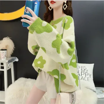 Pletene džemper žena zeleni plus veličina Slobodne Pulover 2019 Novi Jesen Zima korejski žuto narančasti cvijet dugih rukava LD1181