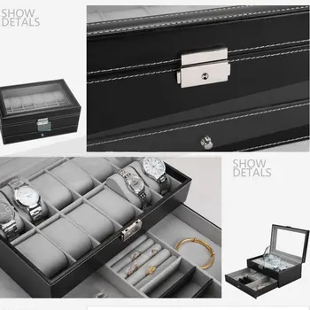 Pogledajte nakit torbica-držač crna, smeđa kutija kutija profesionalni 12 mreže utora satova pakiranje skladištenje umjetna koža dvostruke slojeve