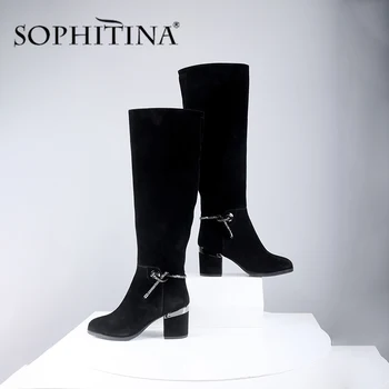 SOPHITINA Kid antilop čizme visoke kvalitete Soild ručni rad koljeno visoke kvadratnom peta cijele čarapa elegantne ženske cipele topla zimska obuća SC617