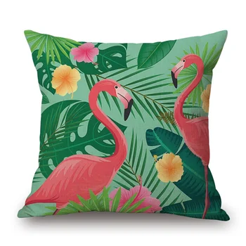 Tropske biljke listovi džungle navlake za jastuke ptica flamingo Tukan papagaj cvijeće hibiskusa navlake za jastuke bež lanene jastučnicu