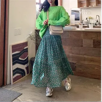 Vintage korejski stil cvjetni print ukrašen duge suknje 2020 ljetnim žene nabrane suknje ulica odjeća plus size maxi suknja M-6XL 7XL
