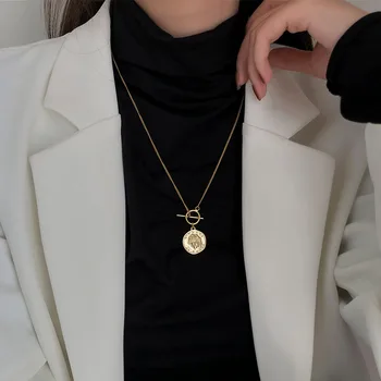 Visunion S925 srebra ogrlice novčić portret ogrlica retro moda Zlatna boja novčić reljef privjesak Ins za žene poklon