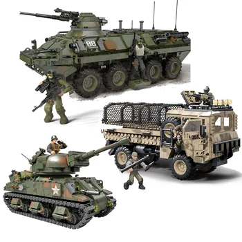 Vojni serija Drugog svjetskog rata teška Stryker automobil teška taktička kamion Sherman tenk vojnika oružje gradivni blokovi, cigle, igračke, pokloni