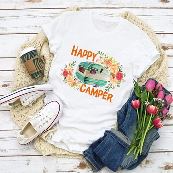 Women Graphic Fashion 90s Happy Camper Truck Print Summer Shirt Tops Lady Clothes T-Shirt susret vama.na womens Odjeca Tee Ženska majica