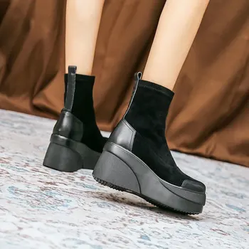 Zima gležanj cipele na platformu za žene nova moda skliznuti na cijele čarapa gothic consice ravne cipele na platformu kratke čizme koljeno visoke čizme