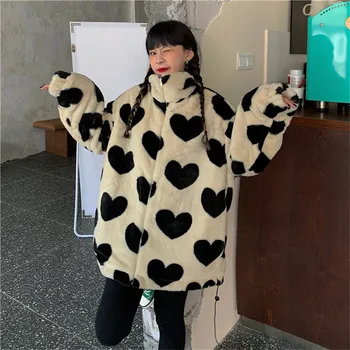 Zimske Harajuku djevojke srce puni print plišani jakna ženska korejski veliki veličina dugi rukav ispis kaput Dama umjetna krzna odjeća