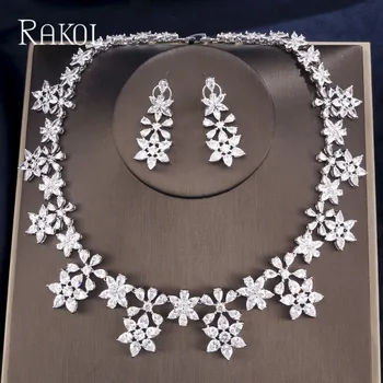 РАКОЛ Deluxe kubni cirkonij cvijeće za vjenčanje nakit kit za mladence žene djevojka bijele naušnice i ogrlica haljini dodatna oprema