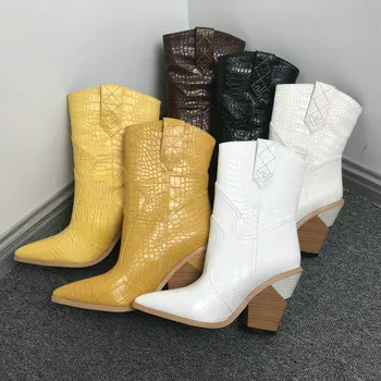2020 Oštar čarapa čizme za Žene Jesen Zima zapadne kaubojske čizme žene Klin čizme na visoku petu bijela crna, žuta čizme