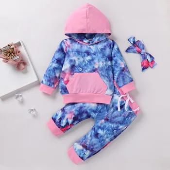 3 kom. novorođenče girl 0-3 T odjeća tie-dye odjeću s dugim rukavima prednji džep hoodie + Traka hlače + оголовье