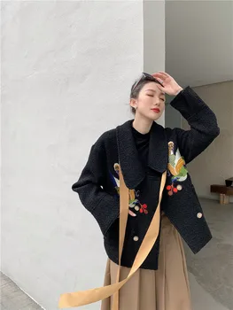 CHEERART dizajner vune kaput žene ptica vezeni kaput Traka crna tvida jaknu moda 2021 Kawai odjeća korejski