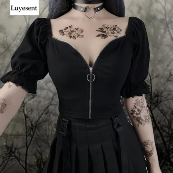 Crna dark Gothic žena seksi majica 2021 Dama vanjski šav kvadratnom ovratnik munja slojevita rukava boem majica gothic punk kratki top