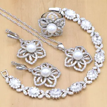 Cvijet u obliku srebra 925 nakit setovi bijeli biseri s kamenjem CZ nakit za žene naušnice/privjesak/ring/narukvice/ogrlica