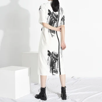 [EAM] Women Pattern Printed banding Big Size Dress New Lapel Short Sleeve Loose Fit Fashion proljeće ljeto 2021 1Y13601