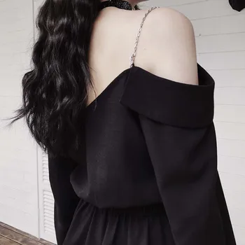 Harajuku Punk Style Women Dresses Seksi Hollow Out V Collar A Line Black Punk Oblačenje Summer Japanese Long Sleeve Sling Dress 2020
