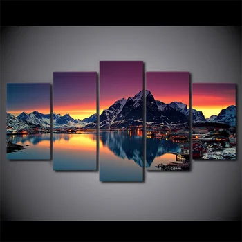 HD printed 5 piece canvas art sunset lake mountain prirodne ljepote wall painting pictures for living room modern ny-1967