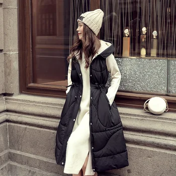 Korejski moda crni prsluk za žene zimski kaput bez rukava i jakne kaputi s kapuljačom blagi ženski dugi prsluk žene