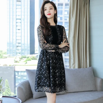 Korejski Žene Bodycon Seksi Pink Short Dress 2021 Jesen Zima Novi Plus Size Stare Čipke Crna Mini Haljina Stranke Piste Vestido