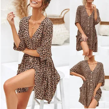 Seksi susret vama.na womens Fashion Ladies Open Leopard Splice Print Button Casual Dress vestido de mujer haljina 2021 ženske haljine