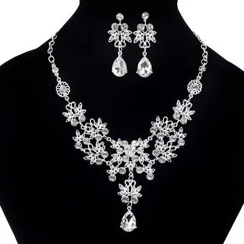 Vjenčanje leptir cvijet preljevna srebrna boja Diamond Crystal nevjesta 3 kom. Komplet ogrlica i naušnice Crown tijara vjenčanje nakit kit