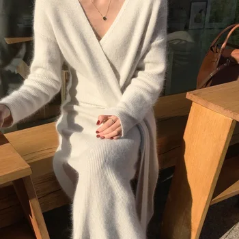 YAMDI visokim Strukom kvaliteta džemper haljina ženski pojas elegantan zavoj šik pista moda Dama Jesen Zima skakač haljina 2019 Novi